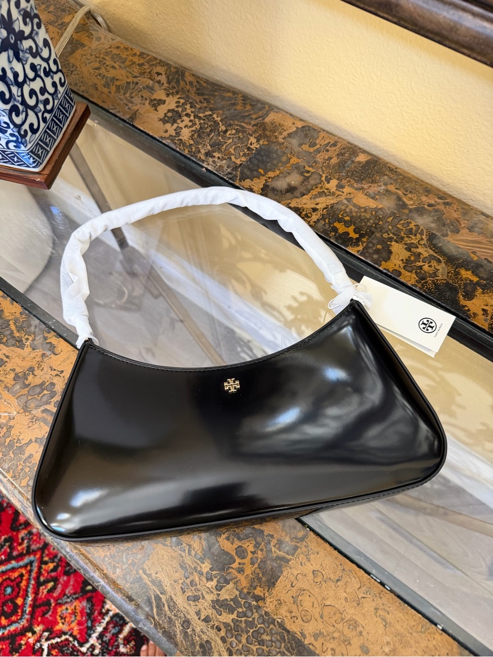 Tory Burch Black Patent Crescent Shoulder Bag